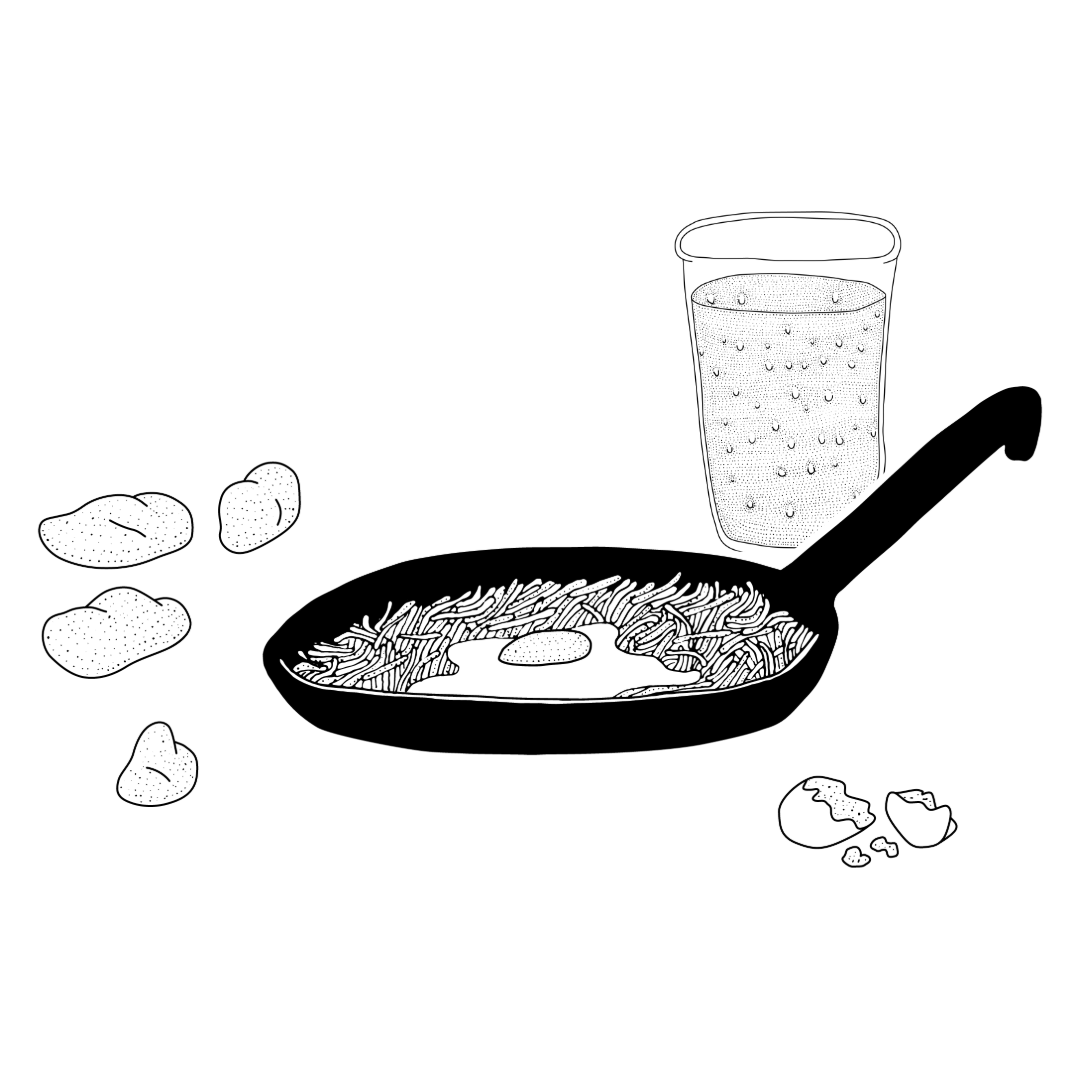 Illustration Pfanne mit Rösti und Ei und Getränk