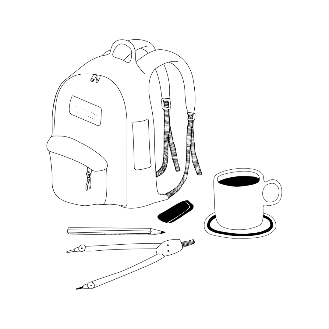 Illustration eines Rucksacks mit Radiergummi, Zirkel und Kaffeetasse